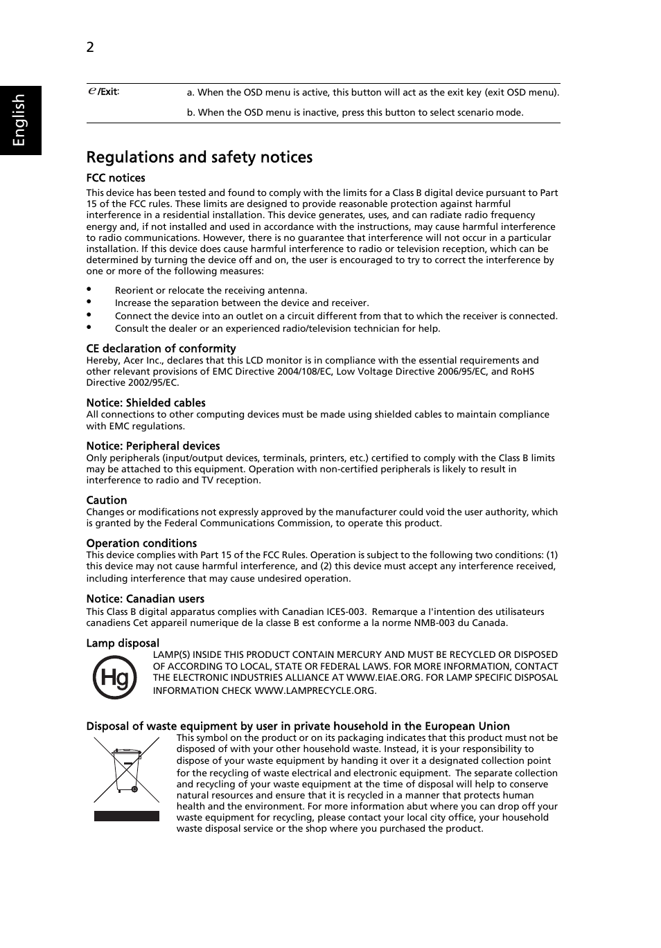 English regulations and safety notices | Acer B193W User Manual | Page 2 / 2