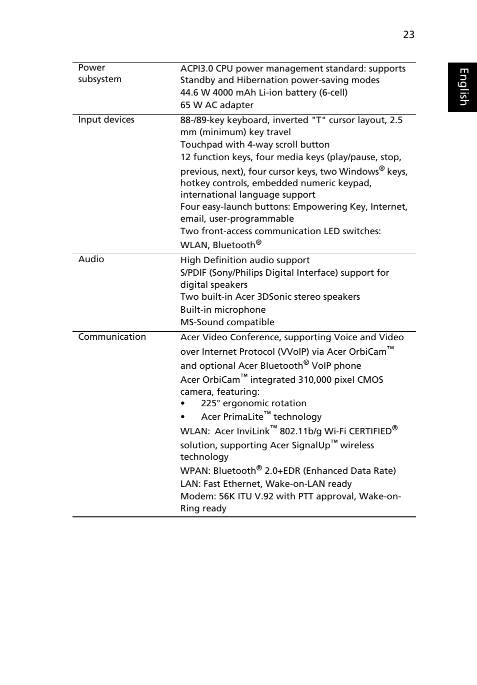 Eng lis h | Acer TravelMate 4310 User Manual | Page 41 / 101