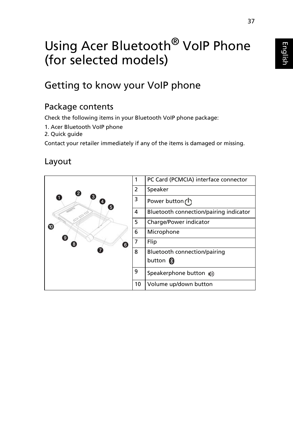 Getting to know your voip phone, Package contents, Layout | Using acer bluetooth, Voip phone (for selected models) | Acer TravelMate 4310 User Manual | Page 55 / 101