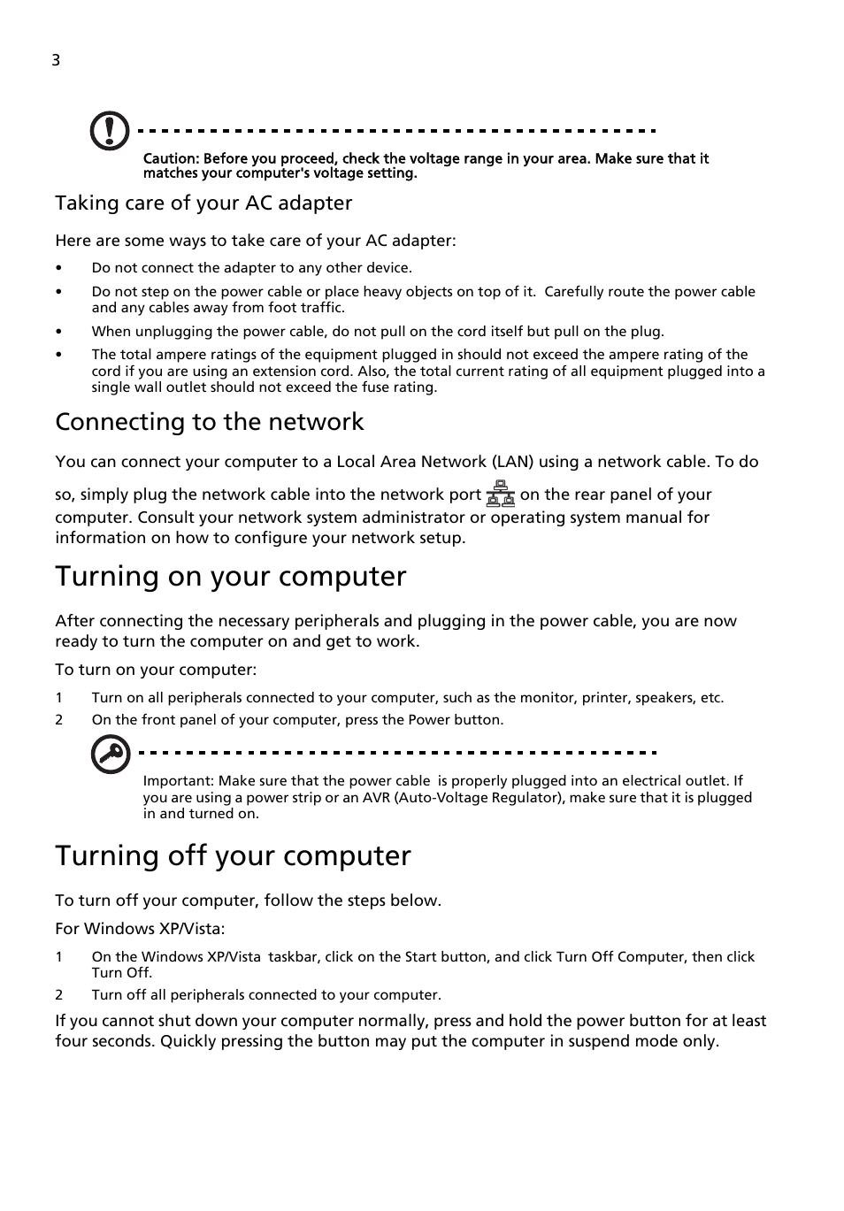 Turning on your computer, Turning off your computer, Connecting to the network | Taking care of your ac adapter | Acer Aspire X3200 User Manual | Page 10 / 18