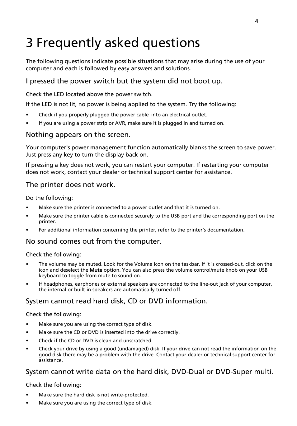 3 frequently asked questions, Nothing appears on the screen, The printer does not work | No sound comes out from the computer | Acer Aspire X3200 User Manual | Page 11 / 18