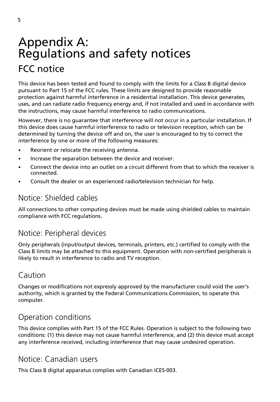 Appendix a: regulations and safety notices, Fcc notice, Appendix a | Notice: shielded cables, Notice: peripheral devices, Caution, Operation conditions, Notice: canadian users | Acer Aspire X3200 User Manual | Page 12 / 18