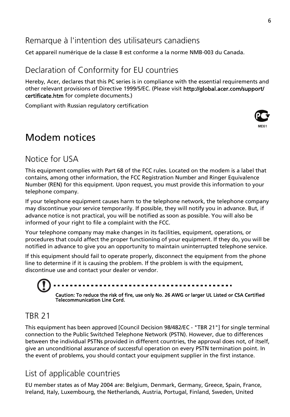 Modem notices, Remarque à l'intention des utilisateurs canadiens, Declaration of conformity for eu countries | Notice for usa, Tbr 21, List of applicable countries | Acer Aspire X3200 User Manual | Page 13 / 18