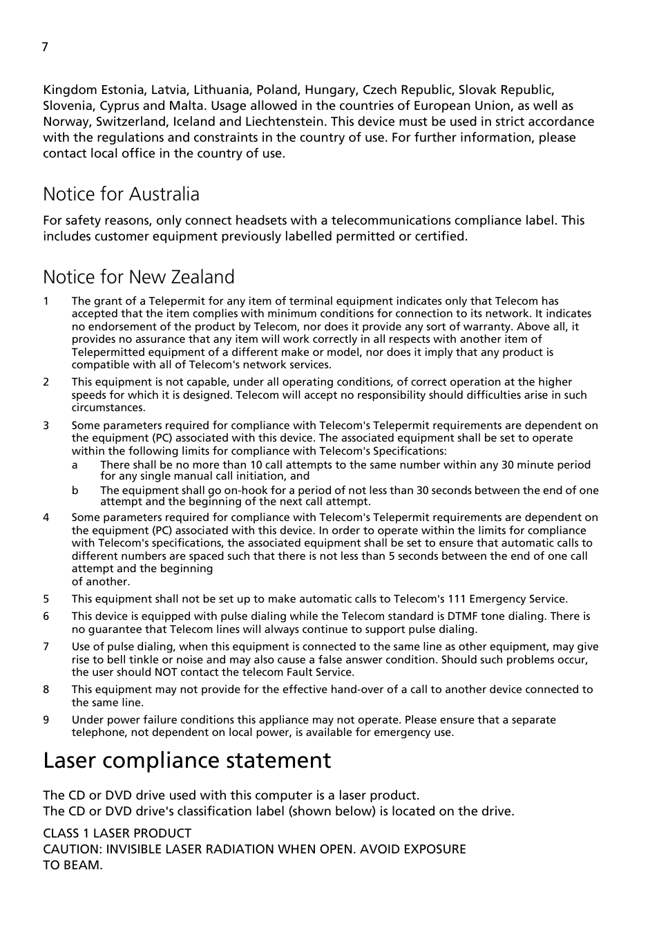 Laser compliance statement, Notice for australia, Notice for new zealand | Acer Aspire X3200 User Manual | Page 14 / 18