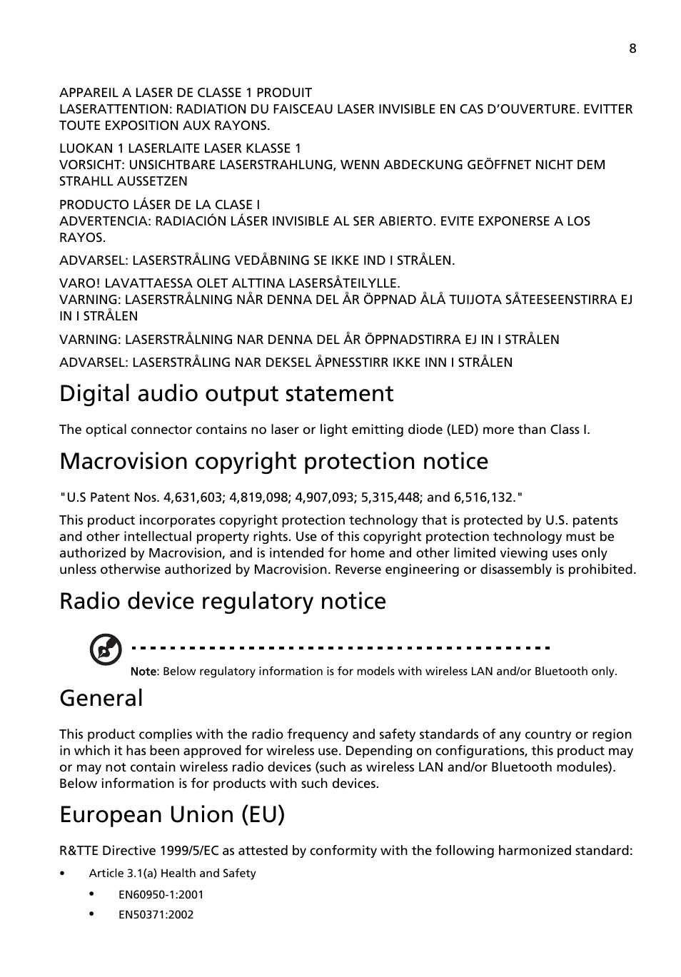 Digital audio output statement, Macrovision copyright protection notice, Radio device regulatory notice | General, European union (eu) | Acer Aspire X3200 User Manual | Page 15 / 18
