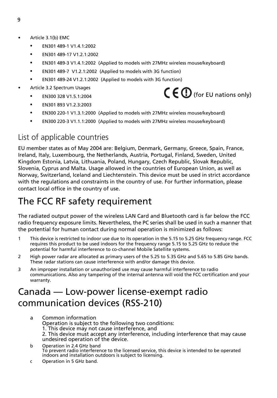 The fcc rf safety requirement, List of applicable countries | Acer Aspire X3200 User Manual | Page 16 / 18