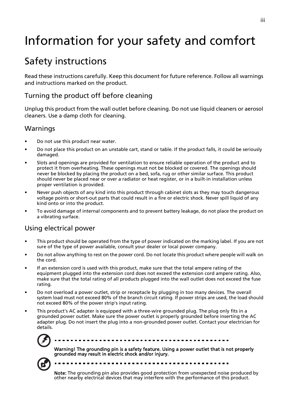 Information for your safety and comfort, Safety instructions, Turning the product off before cleaning | Warnings, Using electrical power | Acer Aspire X3200 User Manual | Page 3 / 18