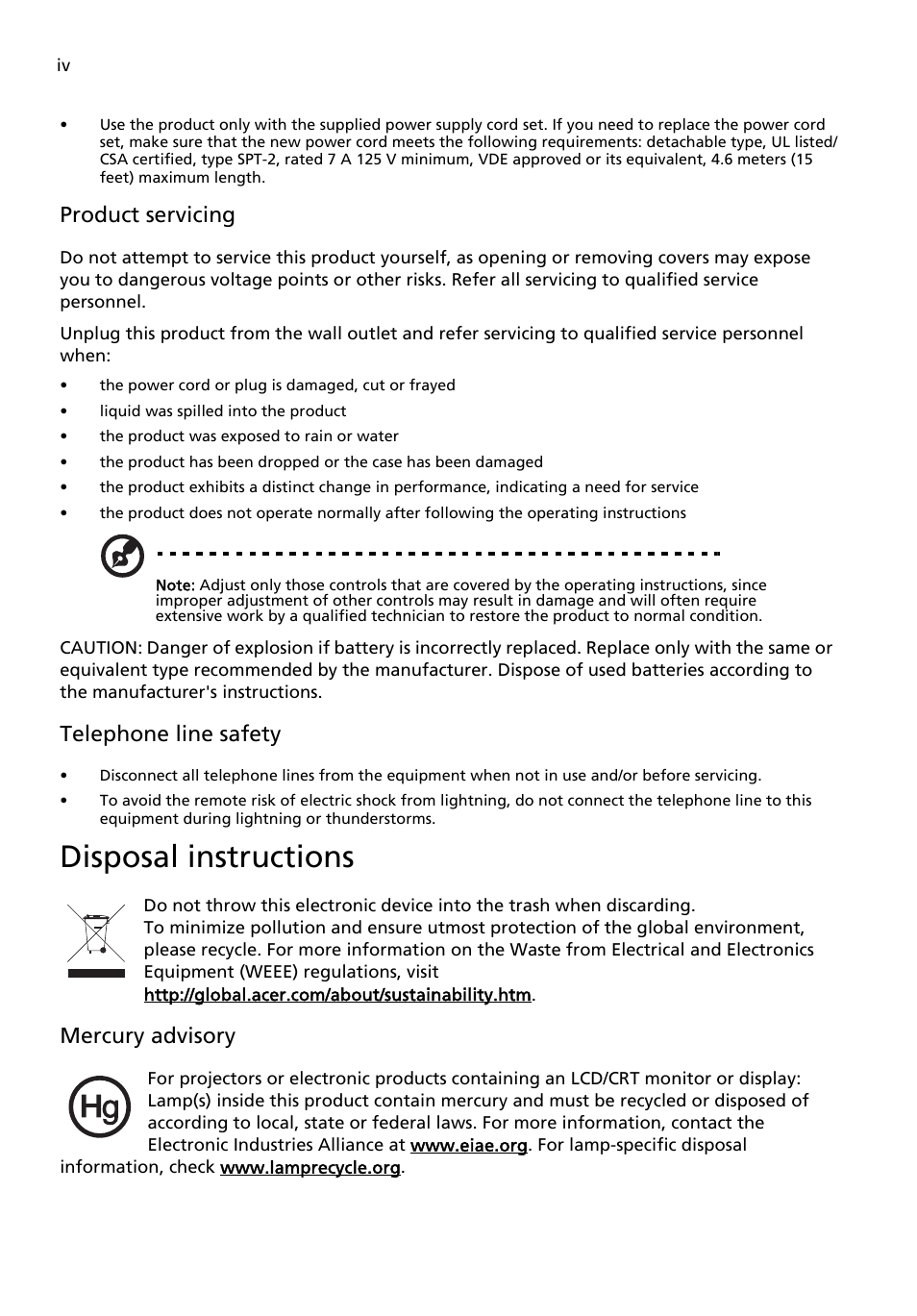 Disposal instructions, Product servicing, Telephone line safety | Mercury advisory | Acer Aspire X3200 User Manual | Page 4 / 18