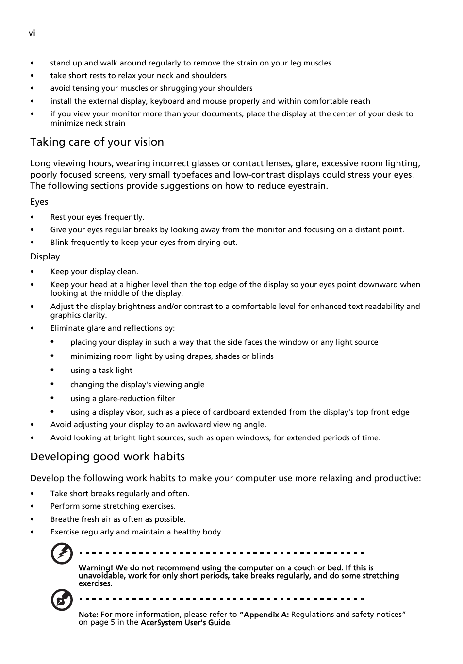 Taking care of your vision, Developing good work habits | Acer Aspire X3200 User Manual | Page 6 / 18