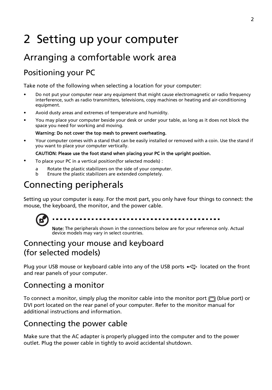 2 setting up your computer, Arranging a comfortable work area, Connecting peripherals | Positioning your pc, Connecting a monitor, Connecting the power cable | Acer Aspire X3200 User Manual | Page 9 / 18