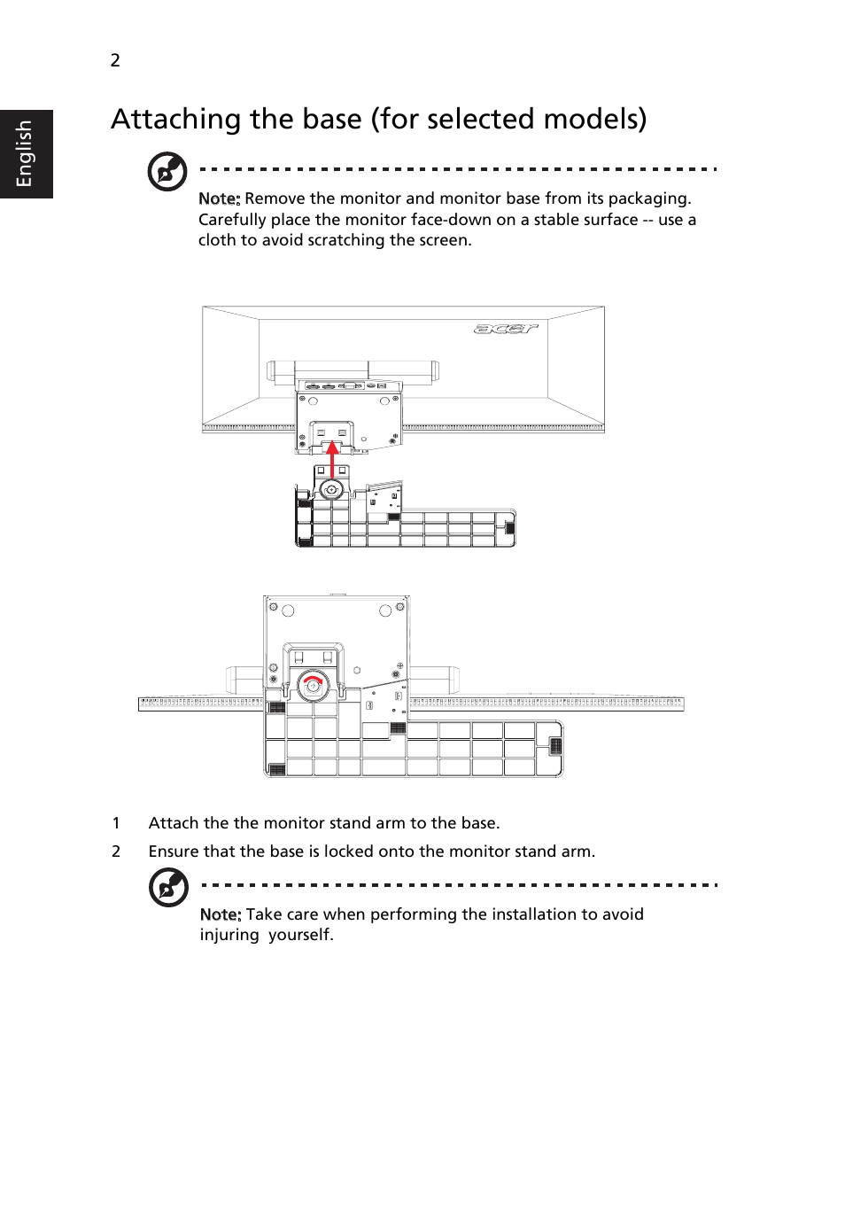 Attaching the base (for selected models) | Acer S243HL User Manual | Page 14 / 27