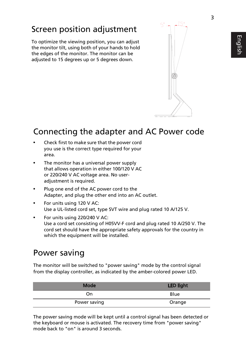 Attaching the base (for selected models), Screen position adjustment, Connecting the adapter and ac power code | Power saving | Acer S243HL User Manual | Page 15 / 27