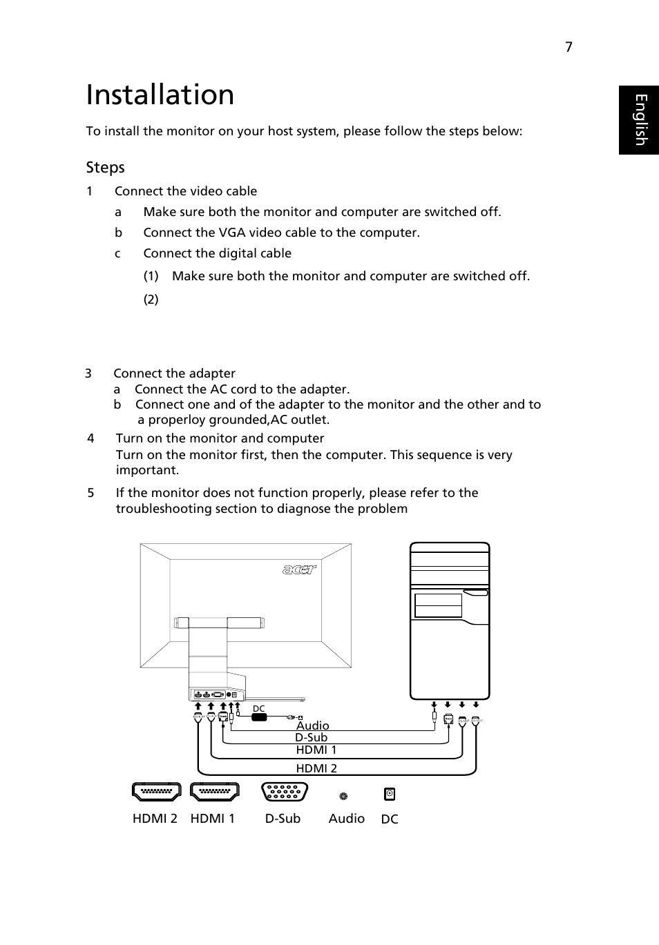 Standard timing table, Installation, En g lis h | Steps | Acer S243HL User Manual | Page 19 / 27