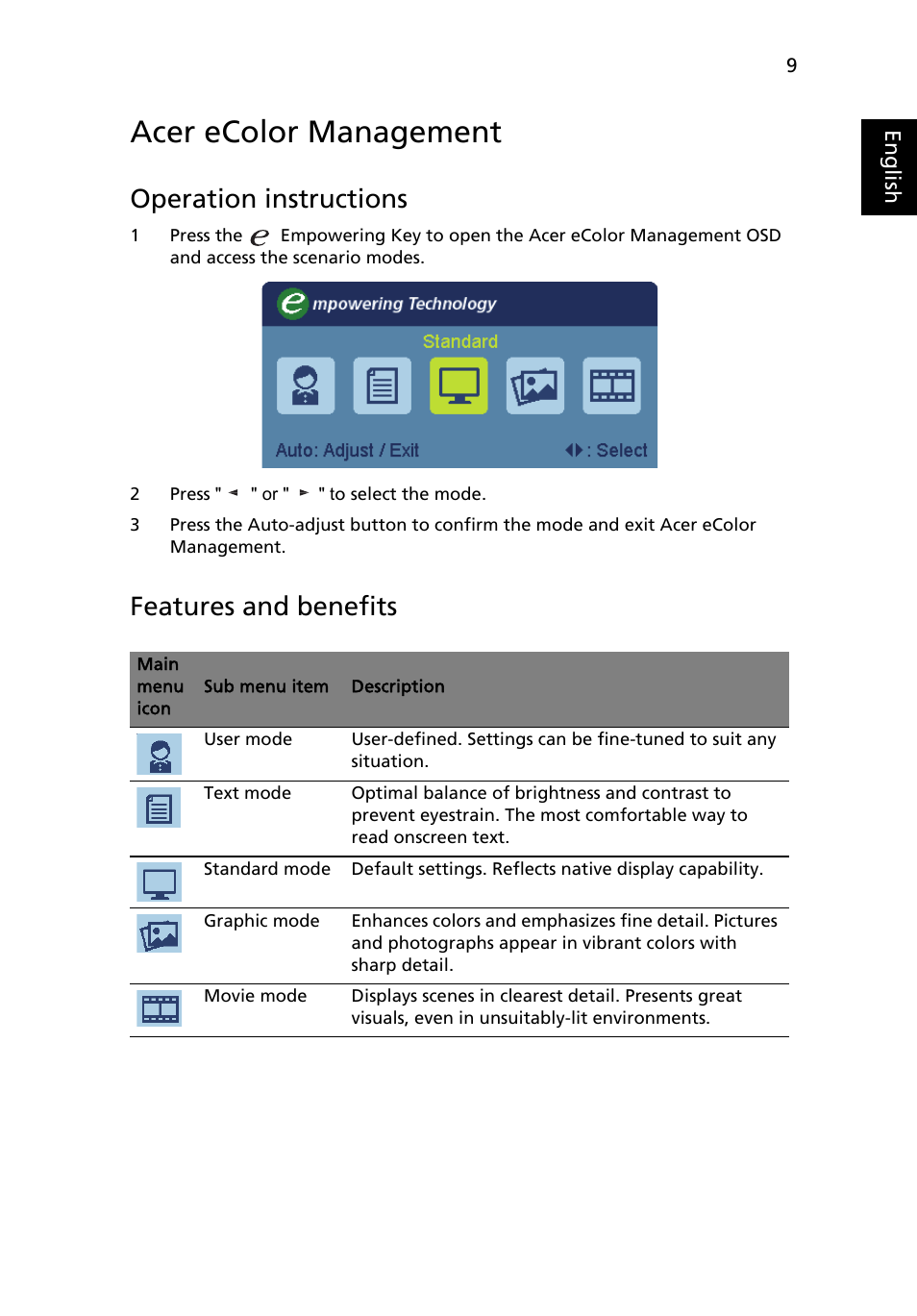 Users controls, Front panel controls, Acer ecolor management | Operation instructions, Features and benefits | Acer S243HL User Manual | Page 21 / 27