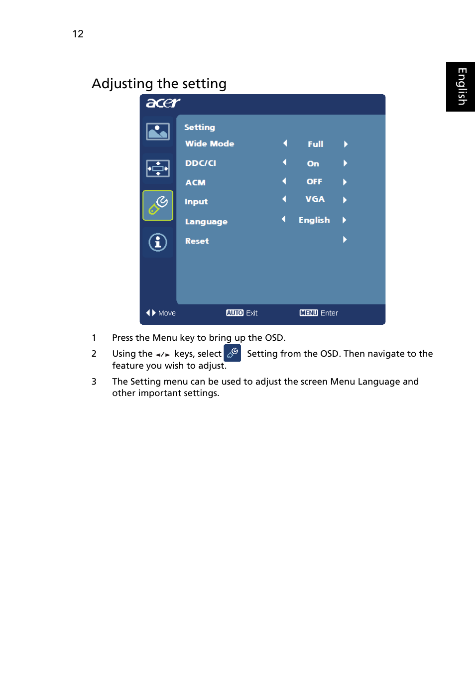 Adjusting the setting | Acer S243HL User Manual | Page 24 / 27