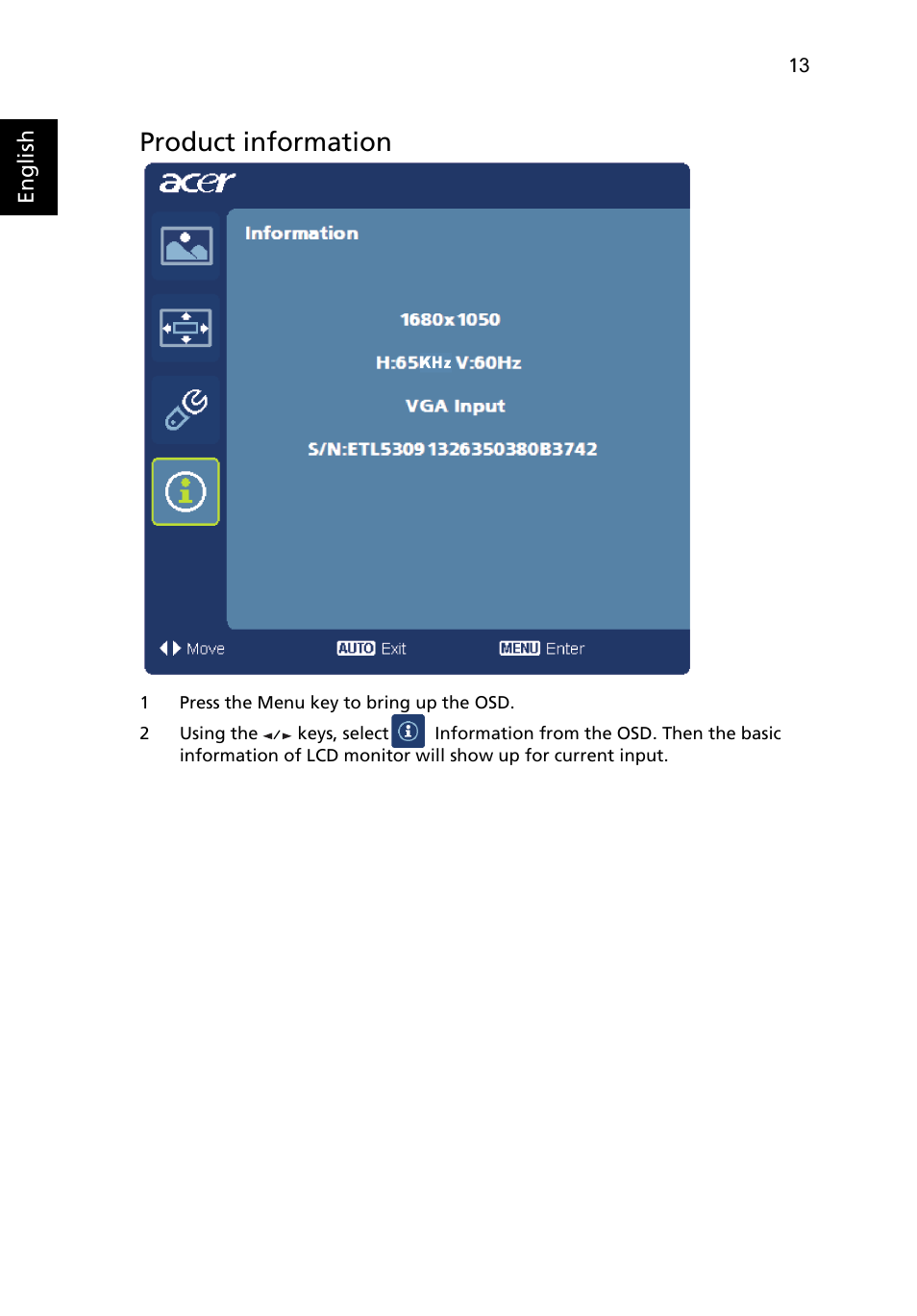 Product information | Acer S243HL User Manual | Page 25 / 27