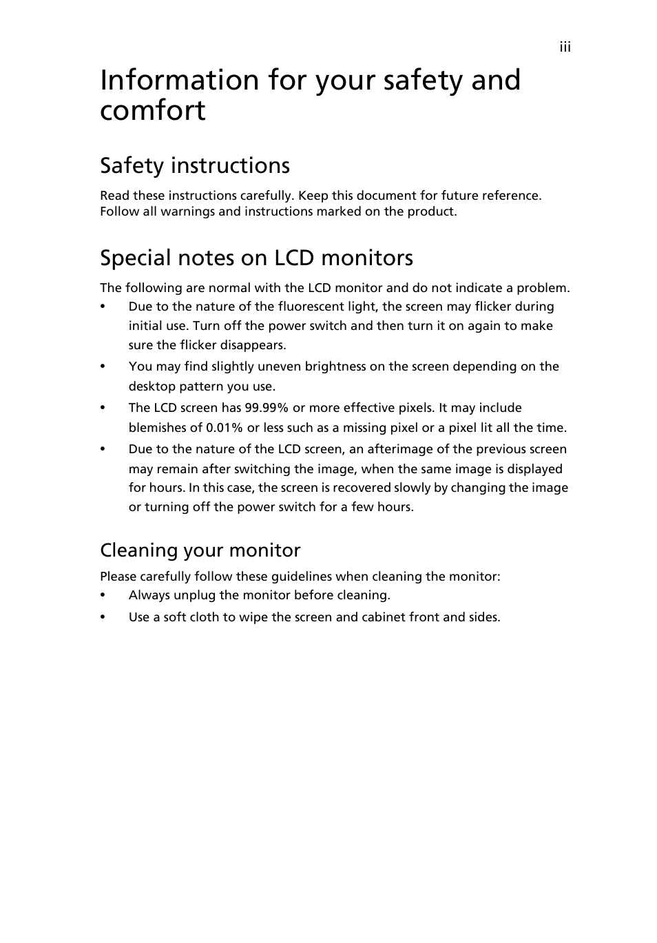 Information for your safety and comfort, Safety instructions, Special notes on lcd monitors | Cleaning your monitor | Acer S243HL User Manual | Page 3 / 27