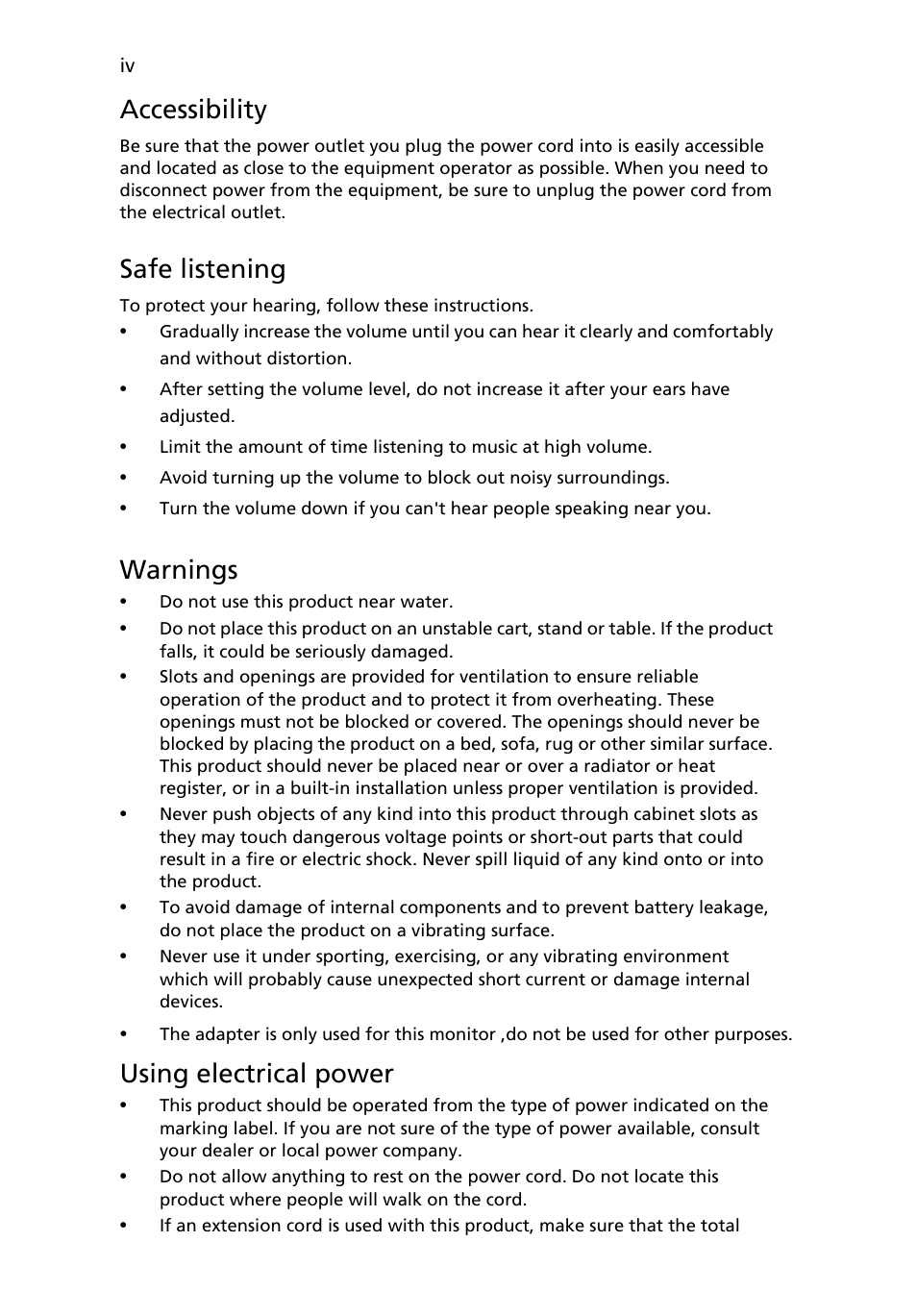 Accessibility, Safe listening, Warnings | Using electrical power | Acer S243HL User Manual | Page 4 / 27