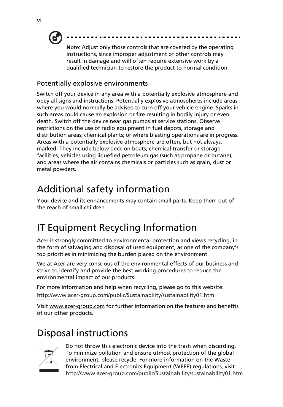 Additional safety information, It equipment recycling information, Disposal instructions | Acer S243HL User Manual | Page 6 / 27