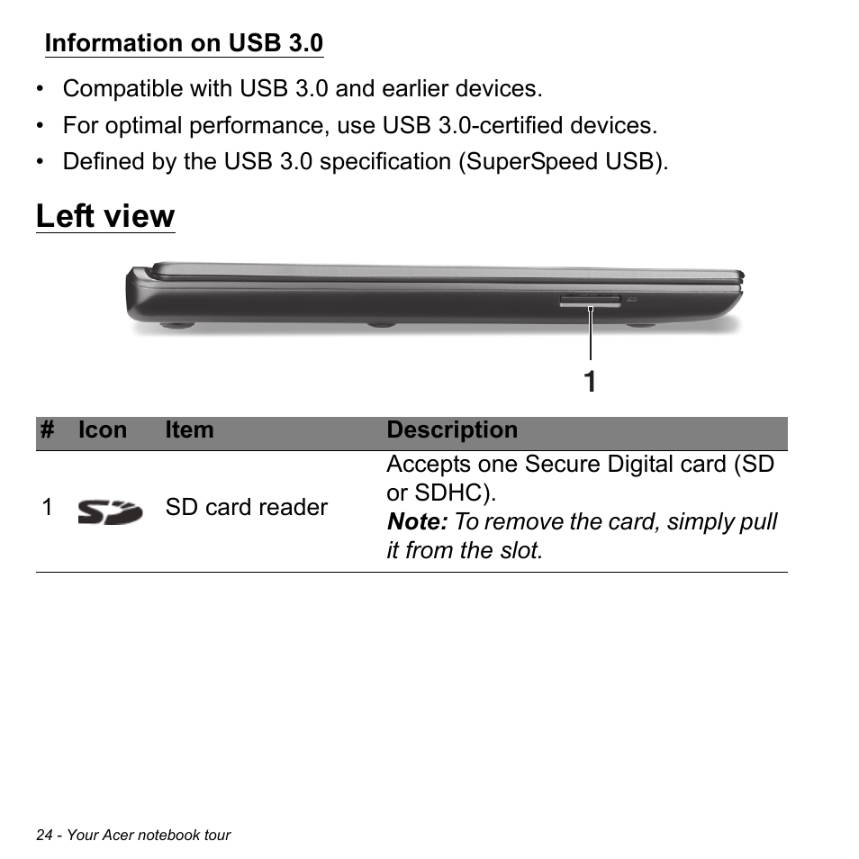 Information on usb 3.0, Left view | Acer Aspire M5-582PT User Manual | Page 24 / 103