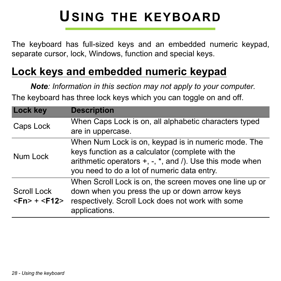 Using the keyboard, Lock keys and embedded numeric keypad, Sing | Keyboard | Acer Aspire M5-582PT User Manual | Page 28 / 103