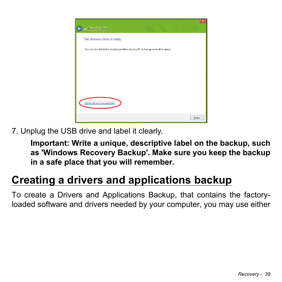 Creating a drivers and applications backup | Acer Aspire M5-582PT User Manual | Page 39 / 103