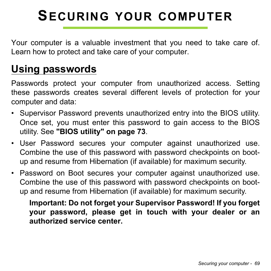Securing your computer, Using passwords, Ecuring | Your, Computer | Acer Aspire M5-582PT User Manual | Page 69 / 103