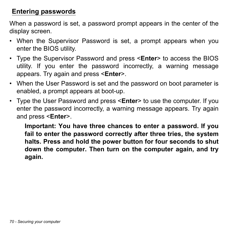 Entering passwords | Acer Aspire M5-582PT User Manual | Page 70 / 103