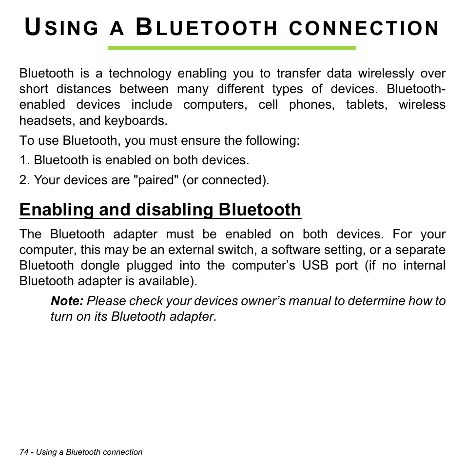 Using a bluetooth connection, Enabling and disabling bluetooth | Acer Aspire M5-582PT User Manual | Page 74 / 103