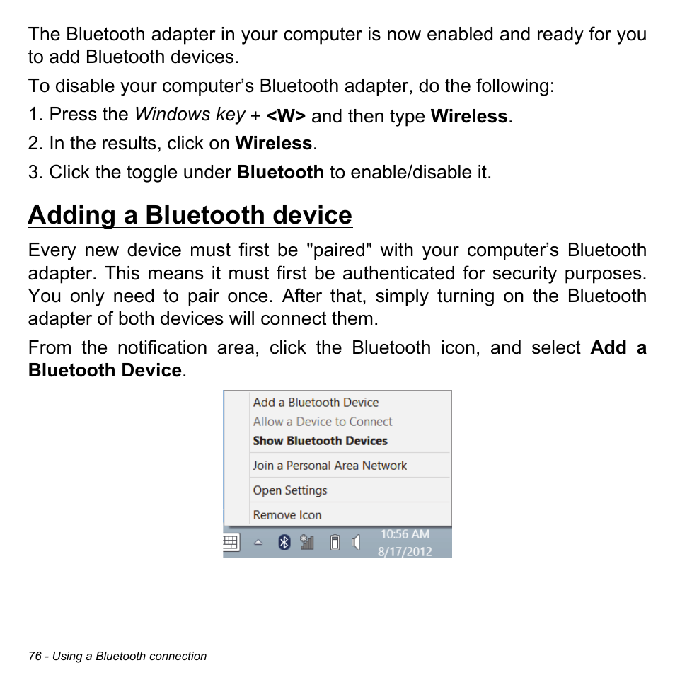 Adding a bluetooth device | Acer Aspire M5-582PT User Manual | Page 76 / 103