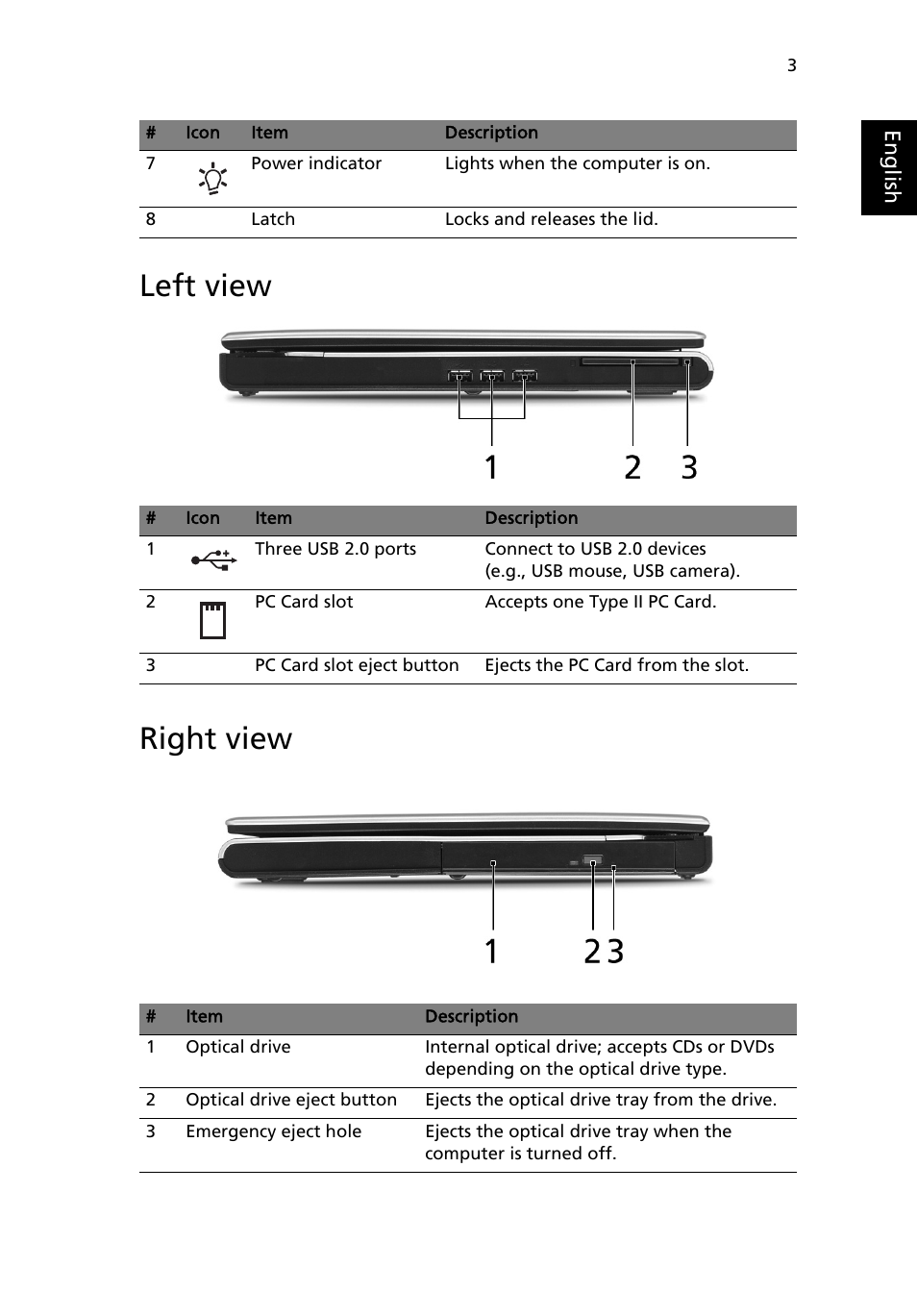 Left view, Right view, Left view right view | Acer Aspire 3610 User Manual | Page 13 / 76