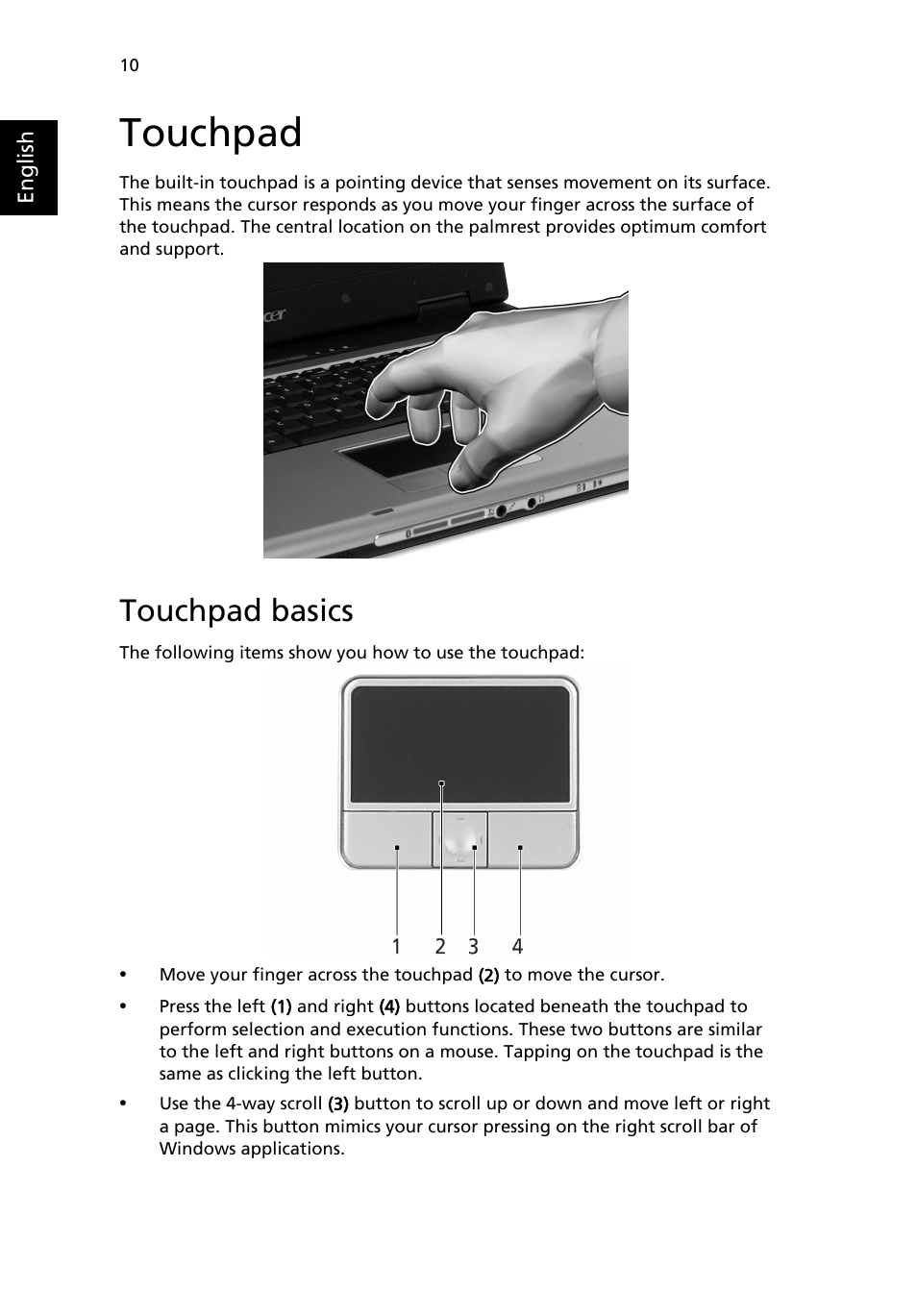 Touchpad, Touchpad basics | Acer Aspire 3610 User Manual | Page 20 / 76