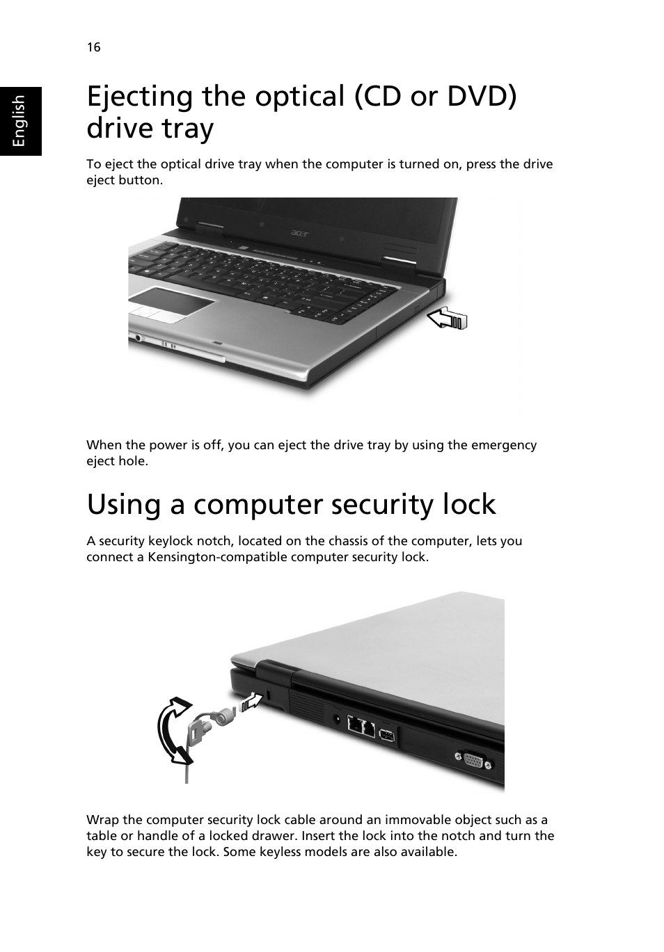 Ejecting the optical (cd or dvd) drive tray, Using a computer security lock | Acer Aspire 3610 User Manual | Page 26 / 76