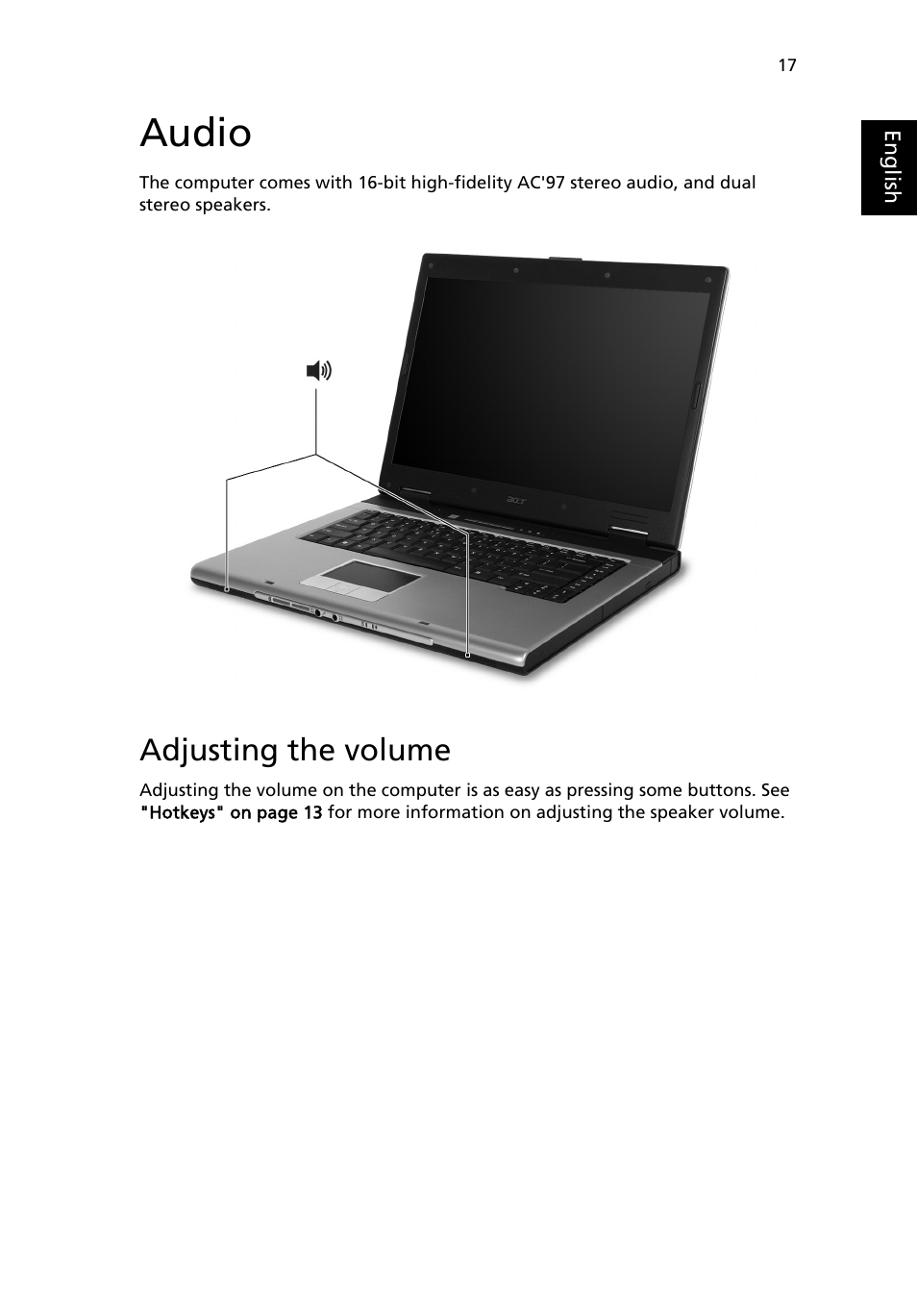 Audio, Adjusting the volume | Acer Aspire 3610 User Manual | Page 27 / 76