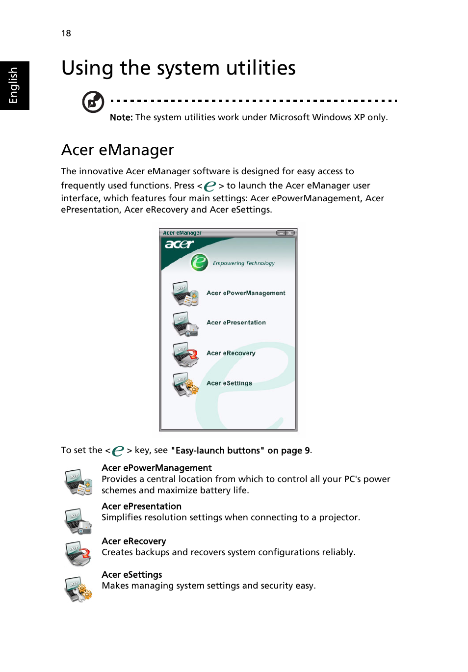 Using the system utilities, Acer emanager | Acer Aspire 3610 User Manual | Page 28 / 76