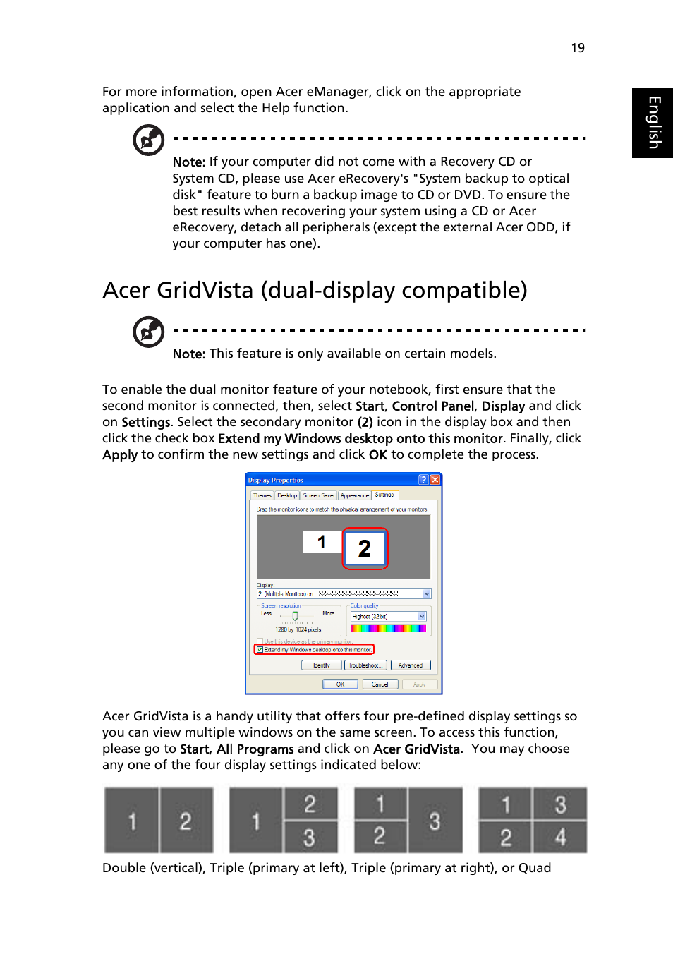 Acer gridvista (dual-display compatible) | Acer Aspire 3610 User Manual | Page 29 / 76