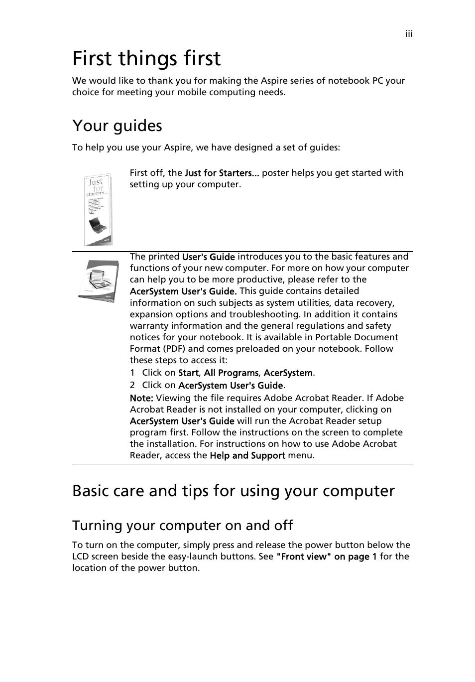 First things first, Your guides, Basic care and tips for using your computer | Acer Aspire 3610 User Manual | Page 3 / 76