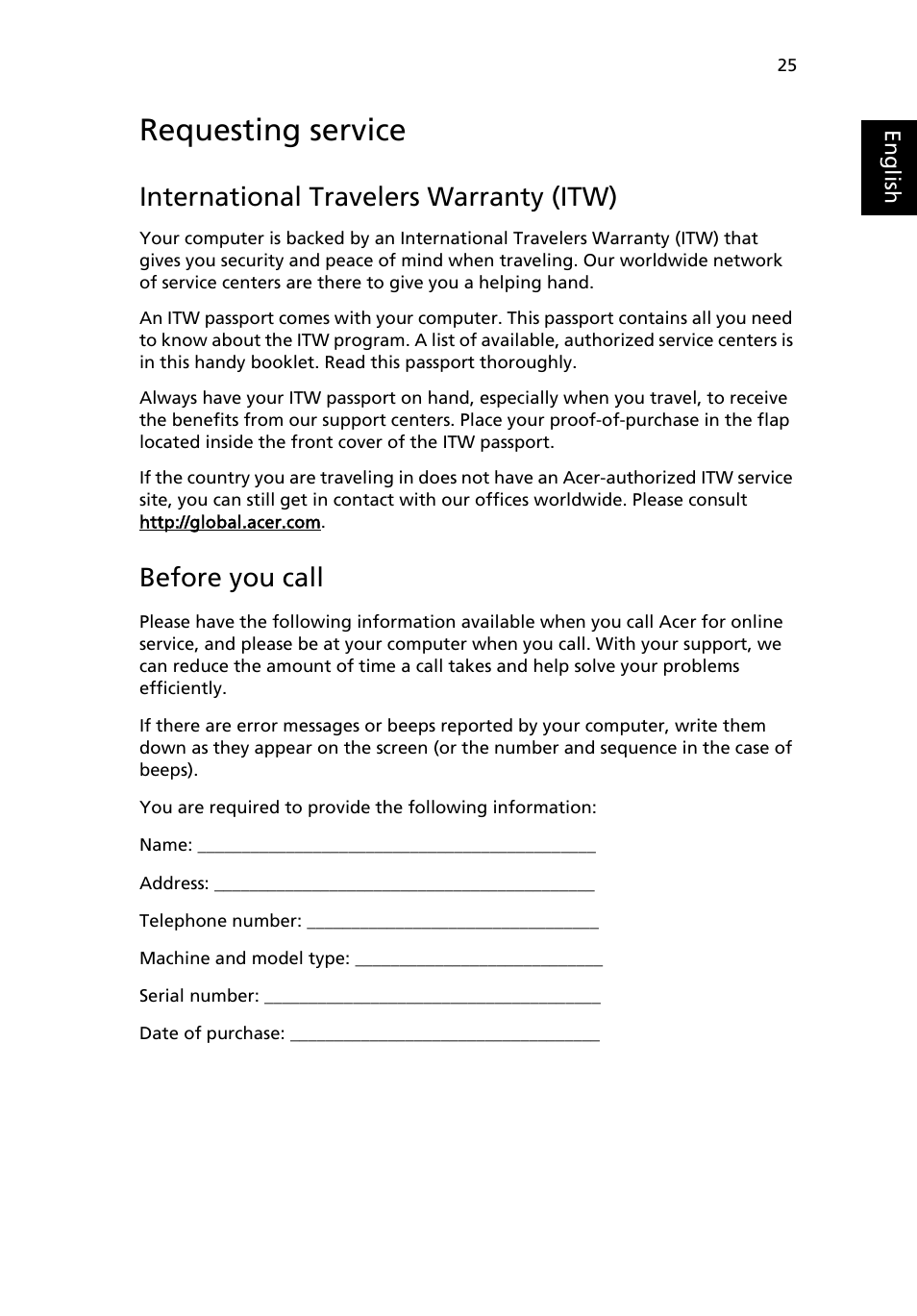 Requesting service, International travelers warranty (itw), Before you call | Acer Aspire 3610 User Manual | Page 35 / 76