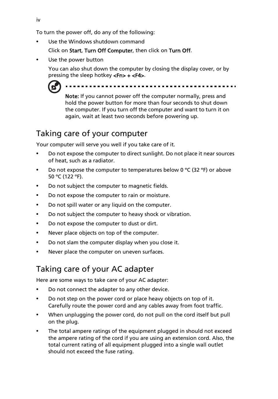 Taking care of your computer, Taking care of your ac adapter | Acer Aspire 3610 User Manual | Page 4 / 76