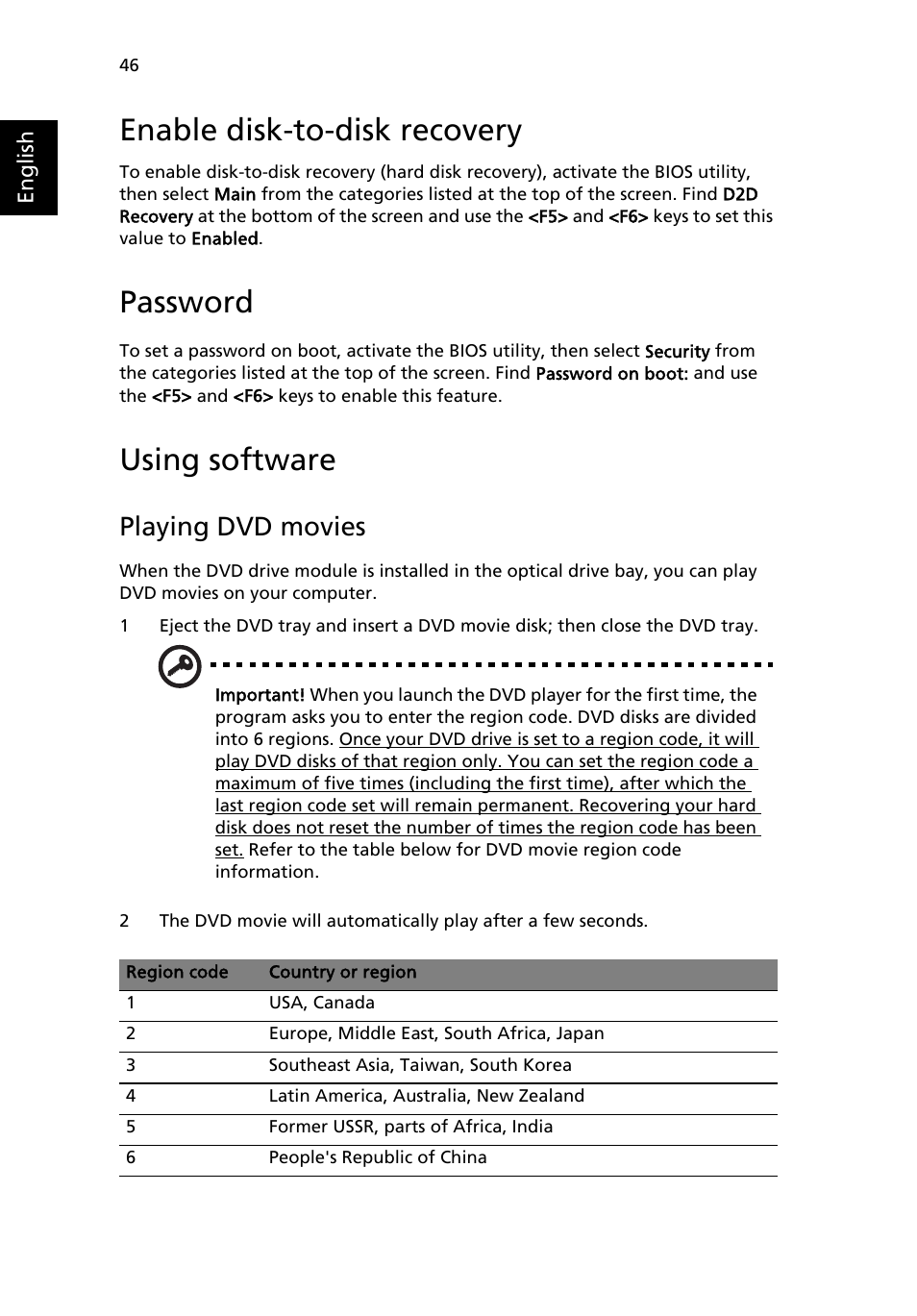 Using software, Enable disk-to-disk recovery, Password | Playing dvd movies | Acer Aspire 3610 User Manual | Page 56 / 76