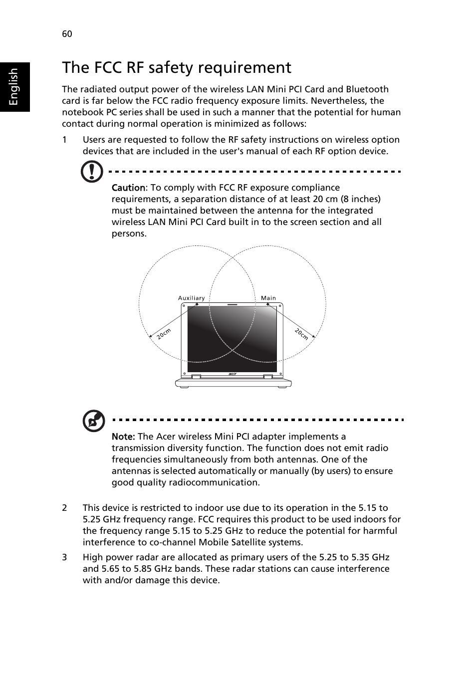 The fcc rf safety requirement | Acer Aspire 3610 User Manual | Page 70 / 76