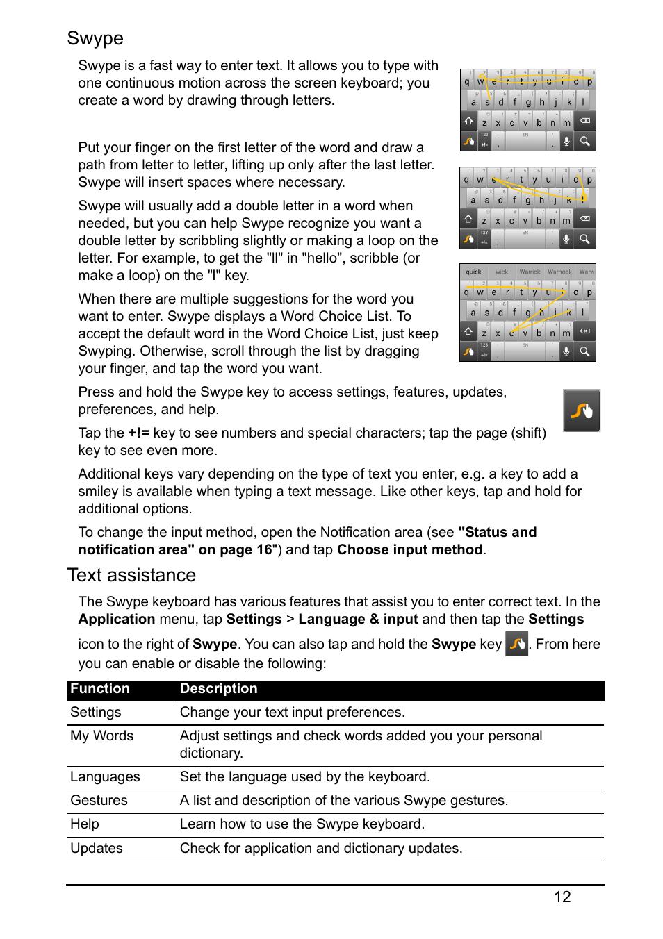 Swype, Text assistance | Acer Z150 User Manual | Page 12 / 65