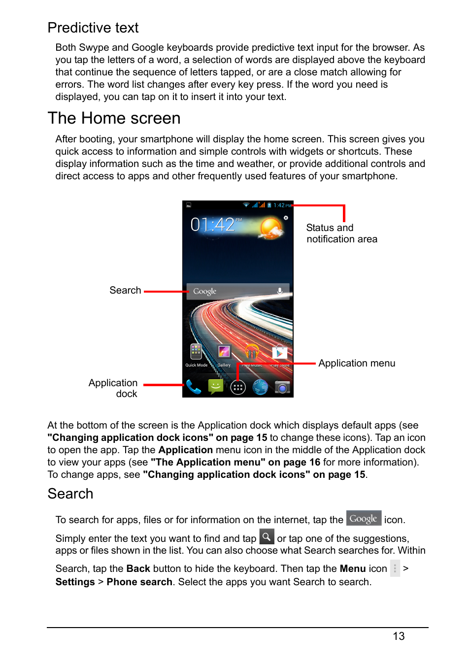 Predictive text, The home screen, Search | Acer Z150 User Manual | Page 13 / 65