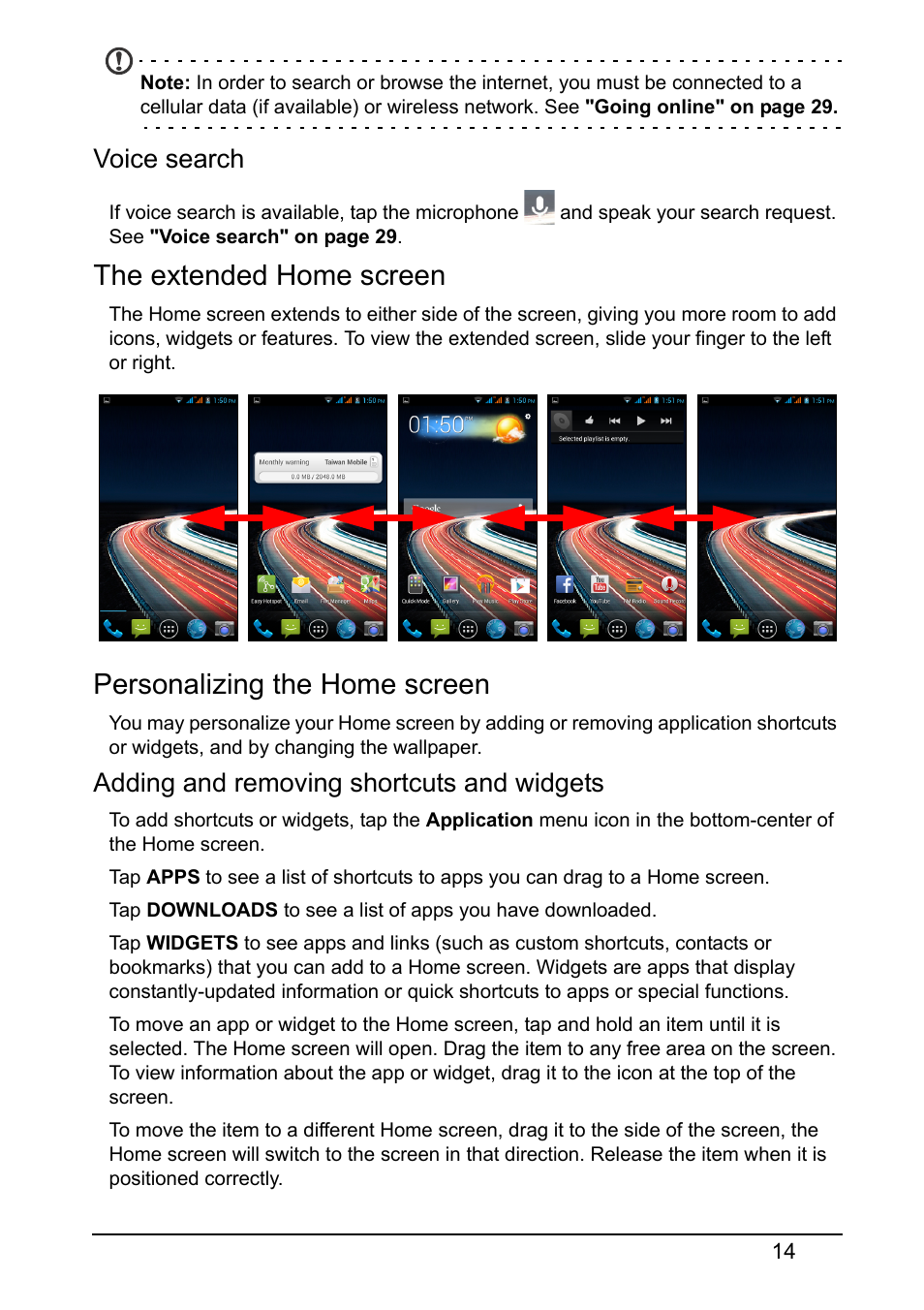 The extended home screen, Personalizing the home screen, Voice search | Adding and removing shortcuts and widgets | Acer Z150 User Manual | Page 14 / 65