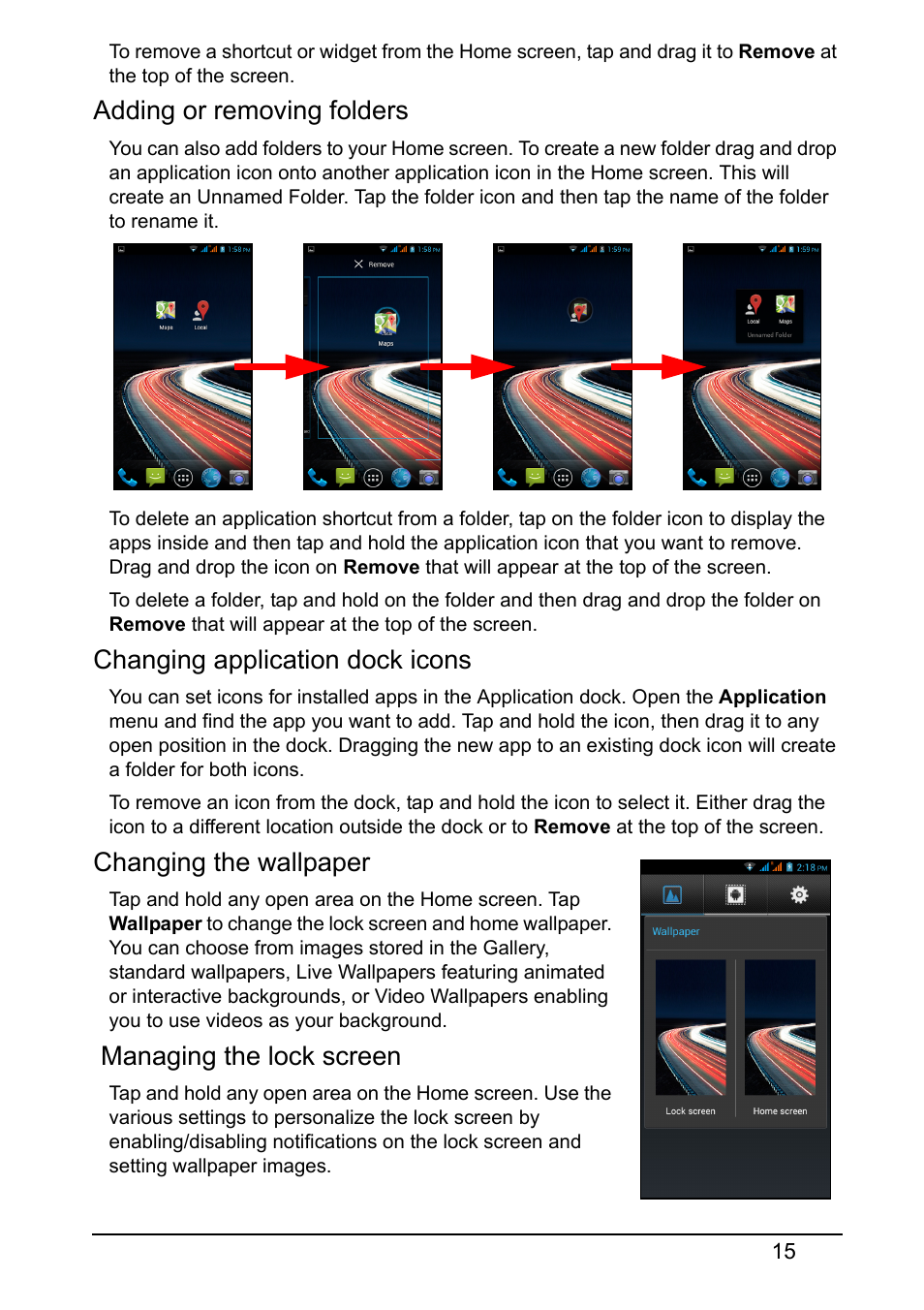 Adding or removing folders, Changing application dock icons, Changing the wallpaper | Managing the lock screen | Acer Z150 User Manual | Page 15 / 65