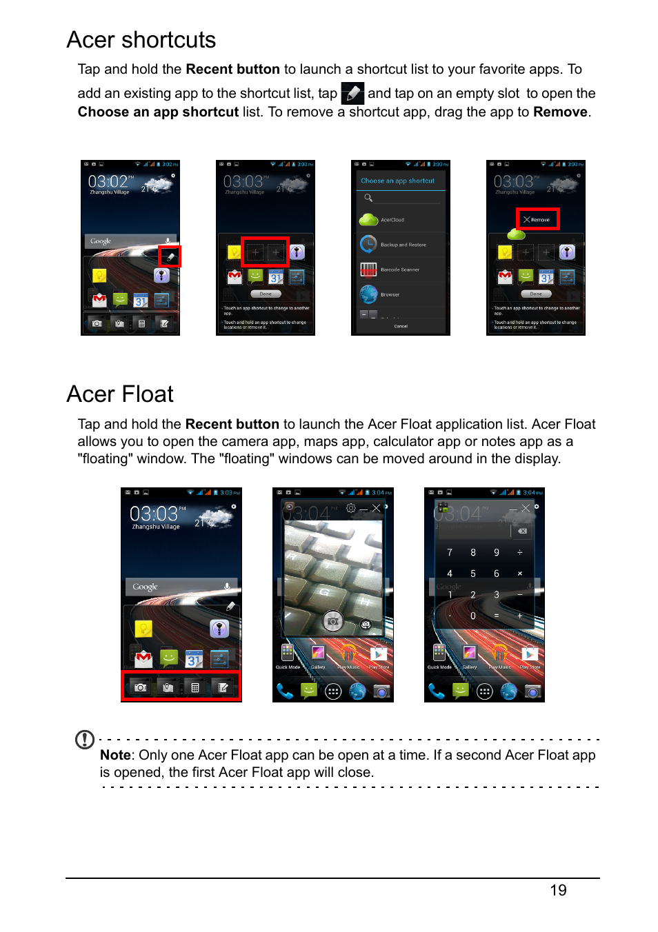 Acer shortcuts, Acer float, Acer shortcuts acer float | Acer Z150 User Manual | Page 19 / 65