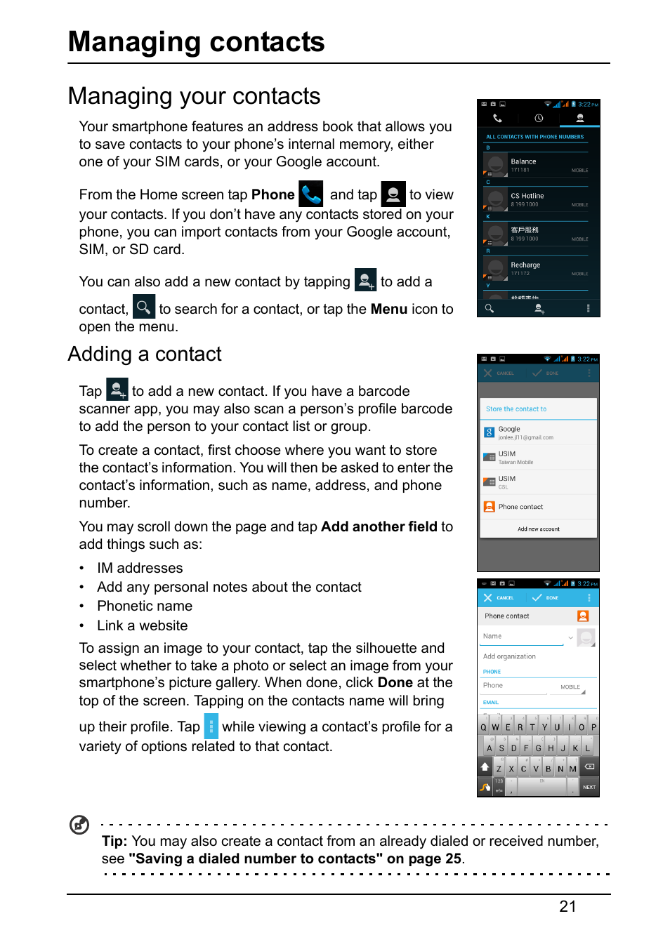 Managing contacts, Managing your contacts, Adding a contact | Acer Z150 User Manual | Page 21 / 65