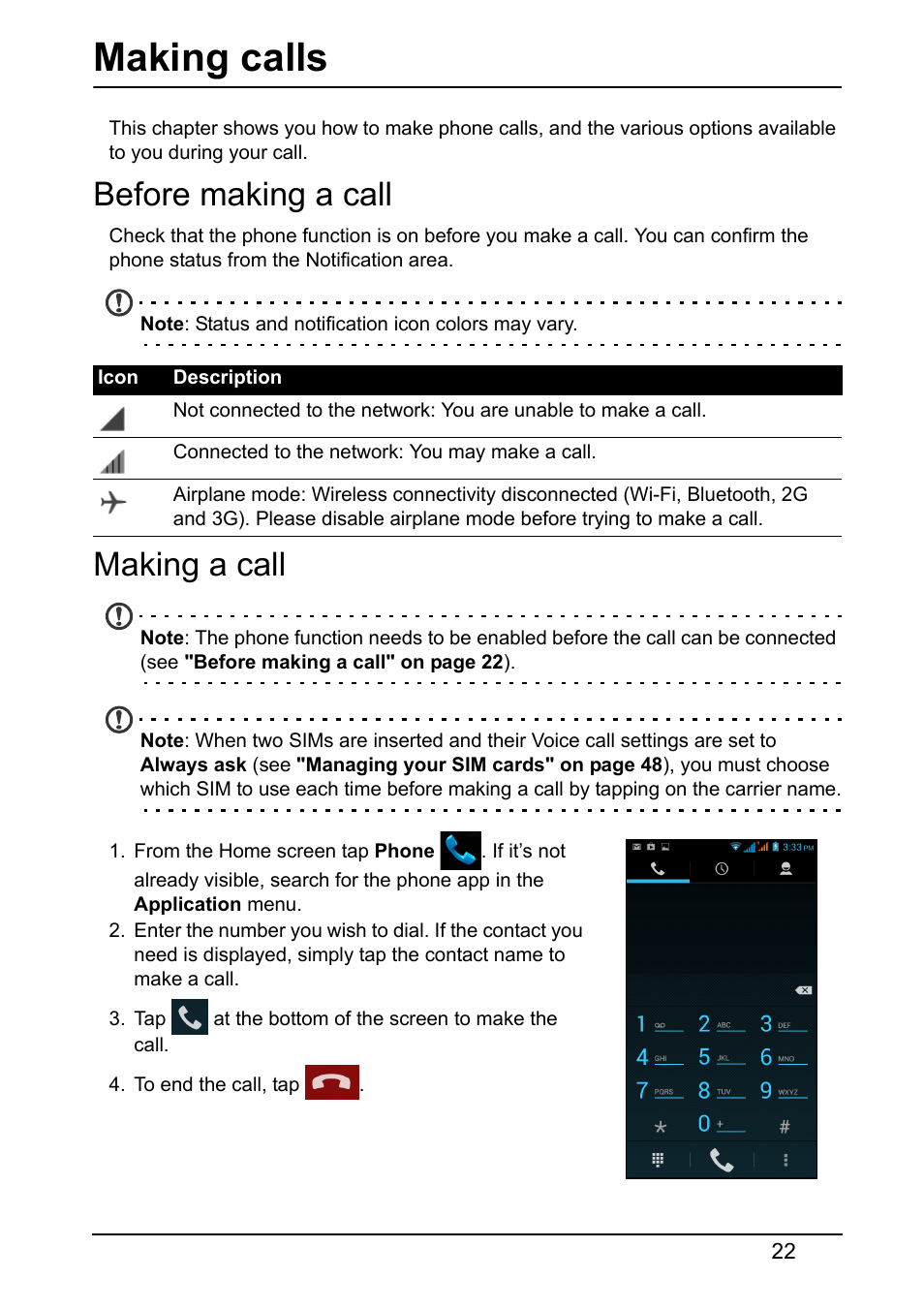 Making calls, Before making a call, Making a call | Before making a call making a call | Acer Z150 User Manual | Page 22 / 65