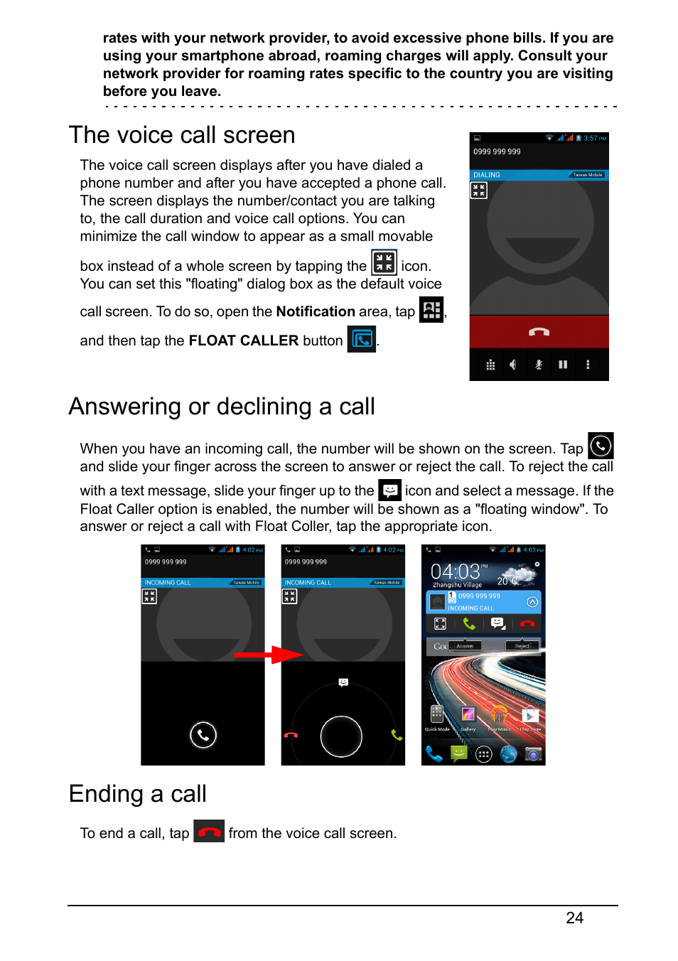 The voice call screen, Answering or declining a call, Ending a call | Acer Z150 User Manual | Page 24 / 65