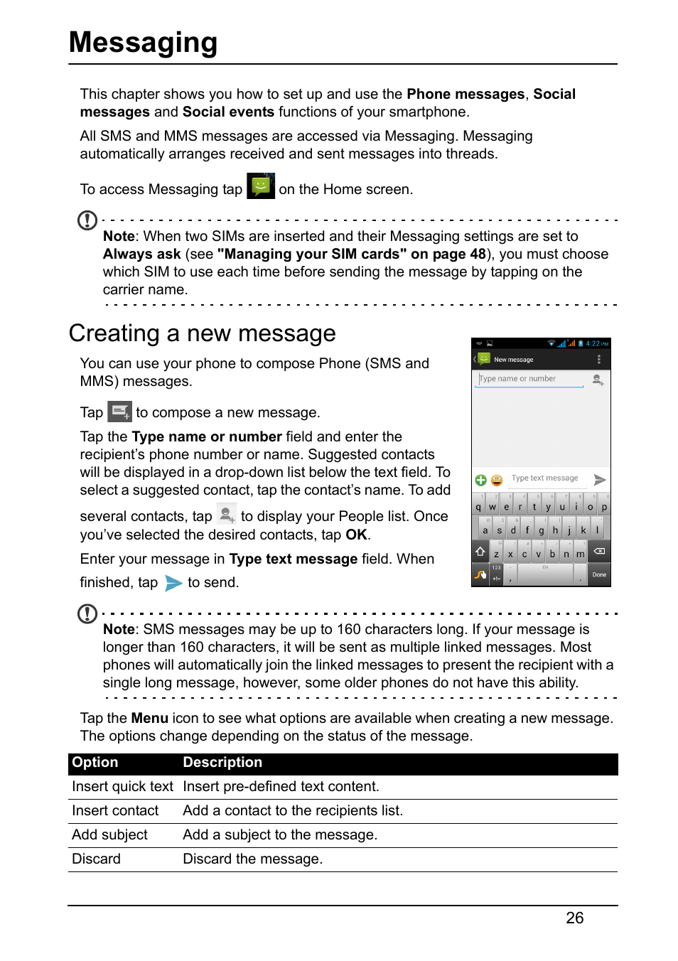 Messaging, Creating a new message | Acer Z150 User Manual | Page 26 / 65